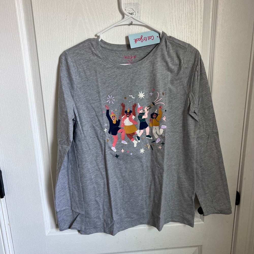 Cat & Jack Girls XXL 18 Heather Gray Celebration Graphic Long Sleeve Tee‎ NEW